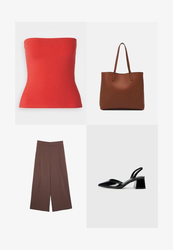 Röd axelbandslös topp i mjuk bomullsmix, med en figurnära bodice och rak halsringning, samt en slät yta och elastisk nederkant.; Bruna vida byxor med en slät textur, som har hög midja och framfickor. Tyget är lätt och flödar löst.; Svarta lackläder slingback klackar med spetsig tå och geometrisk klack. Har en elegant, minimalistisk design och slät yta.; Brun läder tote-väska med en slät textur, öppen toppdesign och två axelremmar. Har minimal söm och ingen synlig metalldetalj.