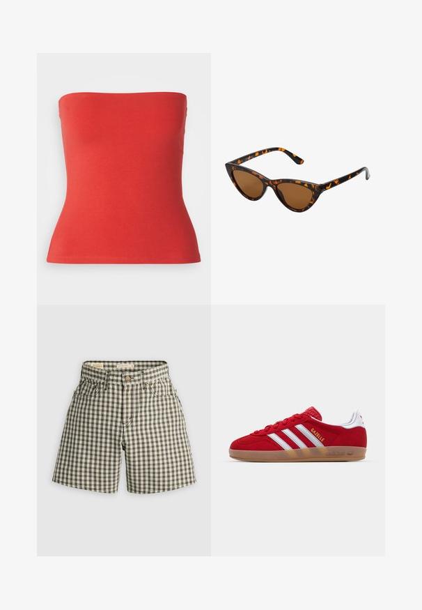 Top rojo sin tirantes hecho de una suave mezcla de algodón, que presenta un corsé ajustado y un escote recto, con una textura suave y un dobladillo elástico.; Pantalones cortos a cuadros marrones y blancos con cierre de botón, dos bolsillos frontales y un corte relajado. Fabricados en tejido tejido con una textura suave.; Zapatillas de ante rojo con diseño de tres rayas blancas y texto dorado "Gazelle". Cuenta con una suela de goma y un talón texturizado.; Gafas de sol estilo ojo de gato con montura de carey negra y naranja, lentes marrones y puntas elegantes y afiladas. Presenta un logo minimalista en la patilla.