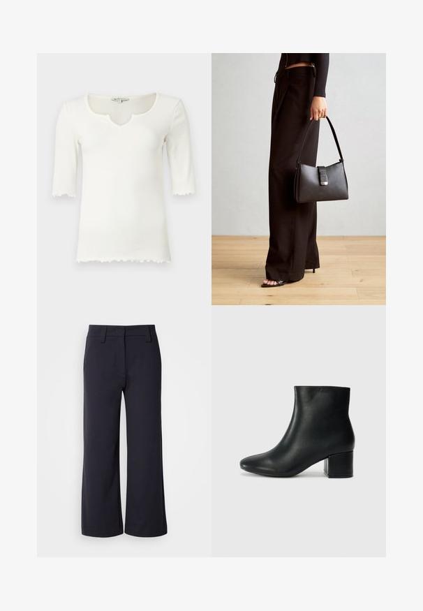 Hvit ripplet t-skjorte med vid nakkekrage og korte ermer, som har en bølget kant. Laget av et mykt, elastisk materiale.; Vide benbukser i mørk navy-stof. Har flad front, bæltesløjfer og sidelommer. Materialet er glat med en let stræk.; Sorte skinn ankelsko med spiss tå og chunky hæl. Glatt tekstur med minimale detaljer og et elegant, tettsittende design.; Svart håndveske med strukturert form, jevn tekstur og metallisk lås. Kombinert med brede svarte bukser og sandaler med åpen tå på tregulv.