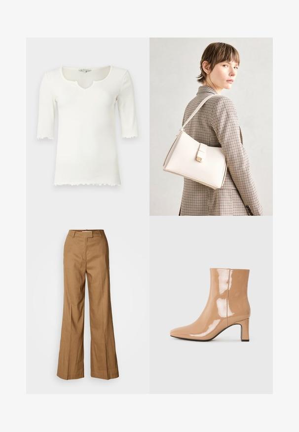 Biela rebrovaná tričko s širokým výstrihom a krátkymi rukávmi, s volánovým lemom. Vyrobené z mäkkého, elastického materiálu.; Hnedé široké nohavice vyrobené z ľahkej tkaniny. Majú plochý predný diel, púzdra na opasok a prispôsobený strih s dĺžkou po členky.; Nahé patentné členkové topánky s špicatou špičkou, lesklým povrchom a stredne vysokým blokovým podpätkom. Hladká textúra a elegantný silueta.; Biely kožený kabelka so štruktúrovaným dizajnom, s magnetickým uzáverom a ramenným popruhom, vystavená na neutrálnom pozadí.