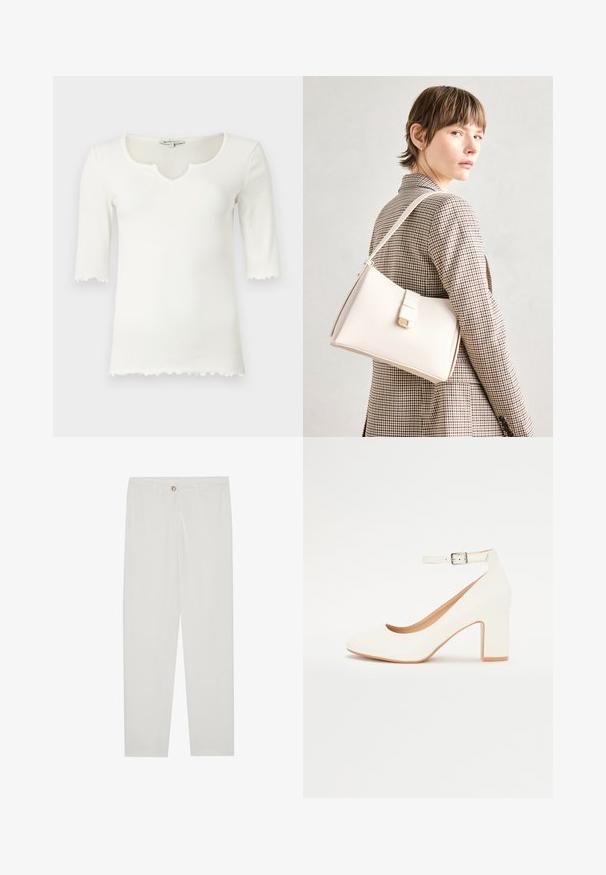 Biela rebrovaná tričko s širokým výstrihom a krátkymi rukávmi, s volánovým lemom. Vyrobené z mäkkého, elastického materiálu.; Biele, priliehavé nohavice s rovnými nohavicami, so zapínaním na gombík, pútkami na opasok a bočnými vreckami; hladká textúra látky.; Biele lodičky na vysokom podpätku s špicatou špičkou, blokovým podpätkom a remienkom okolo členka. Hladký povrch s jemným leskom a béžovým vnútorným podšíváním.; Biely kožený kabelka so štruktúrovaným dizajnom, s magnetickým uzáverom a ramenným popruhom, vystavená na neutrálnom pozadí.