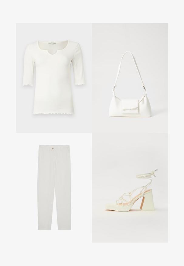 Valkoinen ribbineuleinen t-paita, jossa on leveä kaula-aukko ja lyhyet hihat, ja joka on varustettu aaltoilevalla helman reuna. Valmistettu pehmeästä, joustavasta materiaalista.; Valkoiset, muotoon ommellut housut, joissa on suora lahjerakenne, napillinen sulkeminen, vyölenkit ja sivutaskut; sileä kangas.; Valkoinen korkokenkä, jossa on paksu korko, ja joka sisältää nauhakiinnityksen ja nilkkaketjun. Sujuva pinta, jossa on platform-etupohja lisäkorkeutta varten.; Valkoinen synteettinen käsilaukku, jossa on kolmikulmainen muoto, tasainen etu läppä ja nauhadetail, säädettävä olkahihna, sileä rakenne ja minimalinen muotoilu.