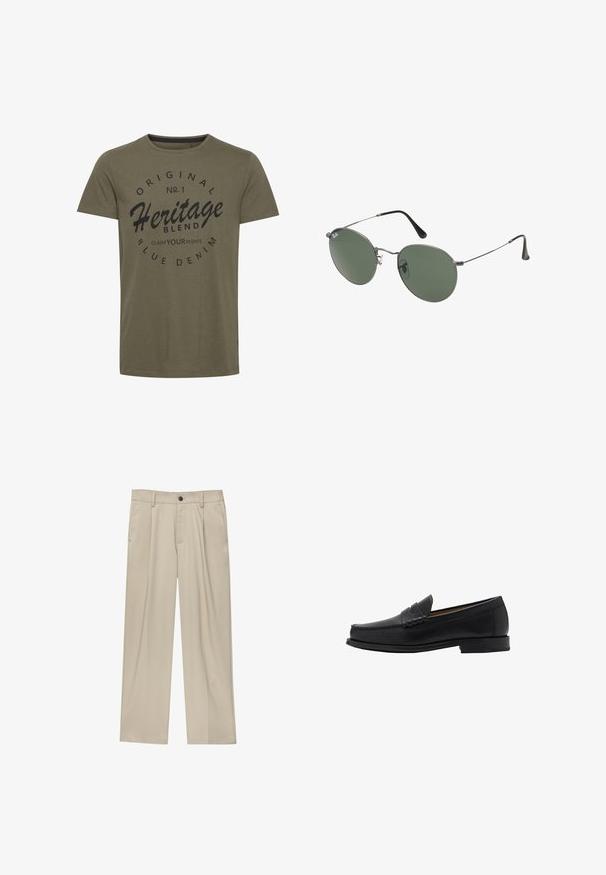 Olivi vihreä puuvillapaita pyöreällä kaula-aukolla, jossa musta painettu teksti: "Alkuperäinen No. 1 Perinteinen Yhdistelmä Vaadi Oikeutesi" ympyrämuotoisessa designissa.; Beige-housut suoran leikkauksen omaavina, joissa on yksi musta nappi, vyölenkit ja sivutaskut. Sileä kangas ja minimalisti muotoilu.; Mango Puvunkengät - black; Aurinkolasit metallikehyksillä, joissa on soikeat vihreät linssit. Ohut hopeinen metallikehys ja mustat korvapehmusteet. Minimalistinen muotoilu, ei näkyviä logoja.