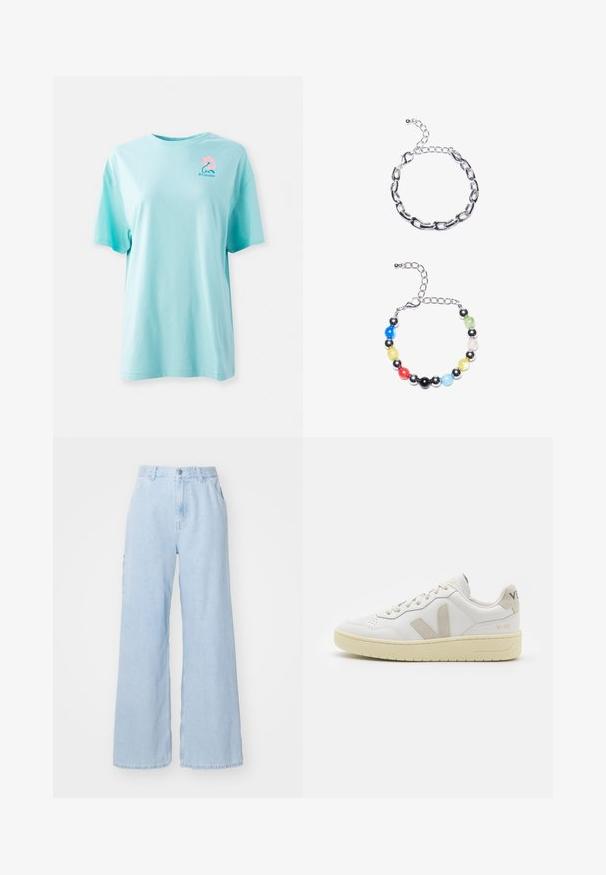 Tricou din bumbac de culoare bleu deschis, cu mâneci scurte și guler rotund. Prezintă un fluture roz și un logo imprimate în partea stângă sus a pieptului. Textură moale.; Jeans deblua deschis, cu croială largă, realizate din denim, cu buzunare frontale, bucle pentru curea și închidere cu nasture. Textură netedă și finisaj curat.; Pantofii sport din piele albă cu accente din suede bej, cutie pentru degete perforată, șireturi plate și o talpă texturată de crem. Prezintă branding subtil pe călcâi.; Brățară din lanț argintiu, cu linkuri elongate deasupra. Sub aceasta, o brățară colorată din mărgele cu mărgele negre, albastre, verzi, galbene, roșii și transparente.