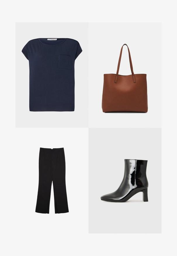 Temno modra kratka majica z okrajnimi rokavi, izdelana iz lahkega blaga. Ima en žep na levi strani in sproščen slog.; Črne hlače ravnega kroja z naglavnimi žepi in stranskimi razporki na robu. Narejene iz mehke, gladke tkanine. Primerne za različne priložnosti.; Črne lakirane gležnjarje z ošiljenim nosom in srednje visokim blokastim peto. Gladka tekstura in minimalističen dizajn.; Rjava usnjena torba z gladko teksturo, odprto zasnovo zgoraj in dvema naramnima trakovoma. Opremljena je z minimalnim šivanjem in brez vidnih kovinskih delov.