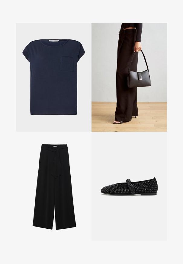 Námořnická modrá tričko s krátkým rukávem vyrobené z lehké tkaniny. Obsahuje jednou kapsu na levé straně a má volný střih.; Černé kalhoty s širokými nohavicemi, vyrobené z texturované tkaniny, s elastickým pasem a odnímatelným páskem na úpravu velikosti.; Černé ploché boty s špičatou špičkou, zdobené černými hroty na svršku, s nařaseným páskem přes nárt. Guma na podrážce.; Černá kabelka se strukturovaným tvarem, hladkým povrchem a kovovým uzávěrem. Kombinována s širokými černými kalhotami a sandály s otevřenou špičkou na dřevěné podlaze.
