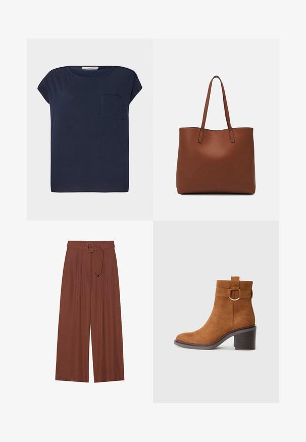 Tumed sinine lühikeste varrukatega T-särk, mis on valmistatud kergest kangast. Sellel on vasakul küljel üks tasku ja lõdva istuvuse disain.; Küljed on laiad pruunidest kangast püksid, millel on ruudukujuline pandla ja pleeditud disain, samuti sile tekstuur.; Pruuni nahast pahkluu saapad ümmarguse varbaga, ploki kontsaga ja dekoratiivse rihmaga, millel on ümmargune pandla detail.; Pruun nahast tote-kott, millel on sile tekstuur, avatud ülaosa disain ja kaks õlarihma. Omab minimaalset õmblust ja nähtavat riistvara ei ole.