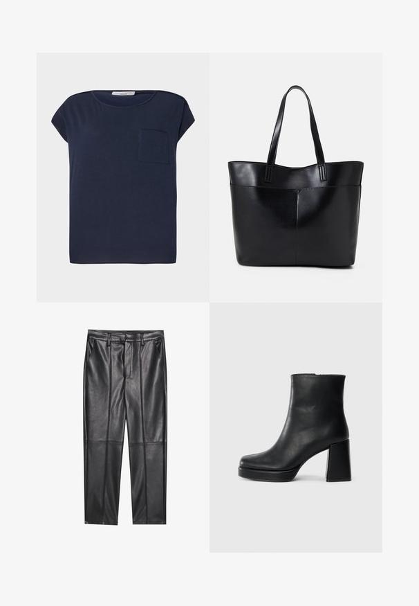 Tricou cu mânecă scurtă de culoare bleumarin, fabricat dintr-un material ușor. Are un singur buzunar pe partea stângă și un design lejer.; Pantaloni din piele neagră cu o textură netedă, având o croială dreaptă, două buzunare frontale și detalii vizibile ale cusăturilor.; Botină din piele neagră, cu toc pătrat și talpă platformă, văzută din lateral pe un fundal alb simplu.; Geantă oversized din piele neagră, cu două mânere lungi, de textură netedă și formă structurată. Are un buzunar frontal pentru stocare suplimentară.
