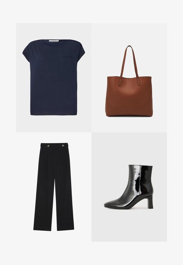 T-shirt de mangas curtas azul-marinho feito de tecido leve. Apresenta um único bolso do lado esquerdo e um design de ajuste descontraído.; Calças largas pretas com cintura alta, detalhes em botão na cintura e pregas frontais.; Botim de tornozelo em pele sintética preta com bico apontado e salto bloco de altura média. Textura suave e design minimalista.; Bolsa tote de couro castanho com uma textura suave, design de abertura superior e duas alças para o ombro. Apresenta costura mínima e sem hardware visível.