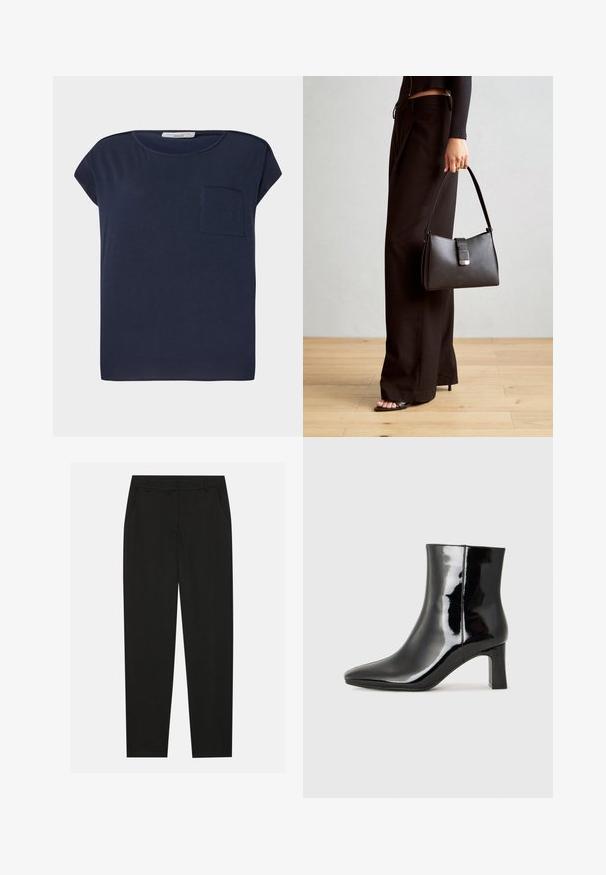 T-shirt de mangas curtas azul-marinho feito de tecido leve. Apresenta um único bolso do lado esquerdo e um design de ajuste descontraído.; Calças pretas com um design ajustado, apresentando bolsos laterais e pernas retas. Feitas de um tecido suave e leve com um acabamento elegante.; Botim de tornozelo em pele sintética preta com bico apontado e salto bloco de altura média. Textura suave e design minimalista.; Bolsa preta com forma estruturada, textura suave e um fecho metálico. Combinada com calças largas pretas e sandálias de salto aberto sobre um chão de madeira.