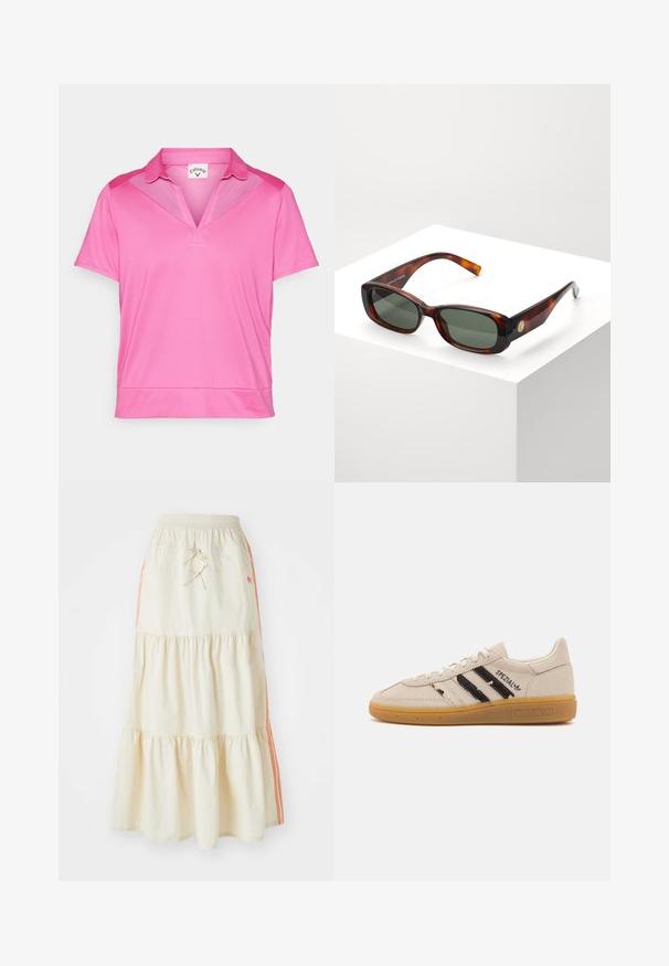 Trumpas rankovės polo marškinėliai ryškiai rožinės spalvos, su apykaklės iškirpte ir tinkliniu detalizavimu krūtinės srityje, užtikrinančiu kvėpavimą. Glotni tekstūra.; Kreminės spalvos sluoksniuota midi sijonas su elastine juosta ir raišteliu. Savybė: oranžinės šoninės juostos ir minkšta, lygi medvilnės tekstūra.; Beige suediniai sportbačiai su juodomis juostelėmis ir tekstu "Spezial", turi tekstūruotą gumos padą ir klasikinį raištelių uždarymą.; Šinšilos rašto stačiakampiai akiniai saulės spinduliams su žaliais lęšiais. Plati rėmelio struktūra, lygi apdaila, auksinė akcento detalė pusėje ir siauri šventyklėlės.