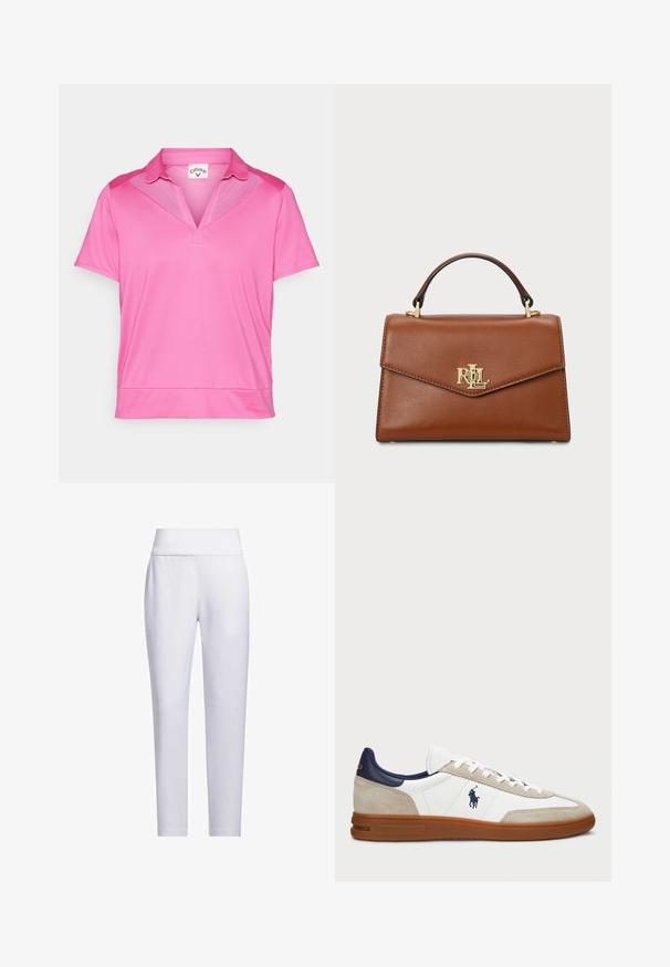 Trumpas rankovės polo marškinėliai ryškiai rožinės spalvos, su apykaklės iškirpte ir tinkliniu detalizavimu krūtinės srityje, užtikrinančiu kvėpavimą. Glotni tekstūra.; Baltos, prigludusios kelnės su plačiu juosmeniu, lygiu paviršiumi ir be matomų kišenių ar raštų, turinčios siaurėjančią kojų liniją.; Balti ir smėliniai sportiniai bateliai su zomšo ir odos viršumi, tamsiai mėlynais akcentais ir rudomis guminėmis padais. Šoninėse pusėse yra logotipas ir raištelių užsegimas.; Ruda oda rankinė su struktūrizuotu dizainu, viršutine rankena, auksiniais akcentais ir logotipo elementu priekyje. Lygus paviršius.