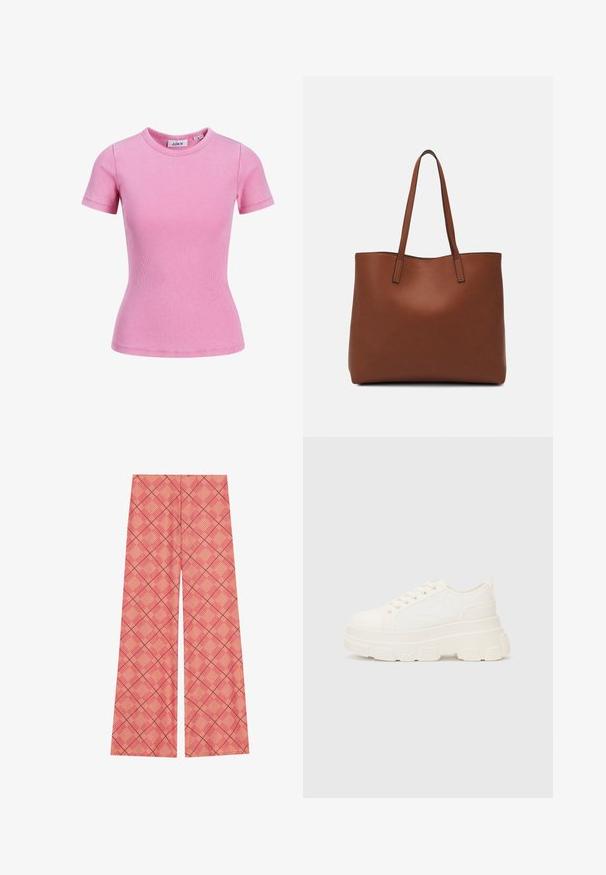 Rózsaszín bordázott póló, kerek nyakkivágással és rövid ujjakkal, slim fit fazonnal és minimális varrási részletekkel. A márkacímke látható.; Különböző mintázatú, korall színű, széles lábú nadrág, amelyen egy sötétebb pirosral keresztezett vonalakból álló rácsos minta található. Puha tapintású, laza szabású.; Fehér vászon sportcipő vastag talppal, lekerekített orral és öt fűzőlyukkal. Hátulján egy fül a könnyű felvétel érdekében. Simára kidolgozott textúra, minimális dizájn.; Barna bőr vászontáska sima textúrával, nyitott tetejű dizájnnal és két vállpánttal. Minimális varrással és látható hardver nélkül készült.