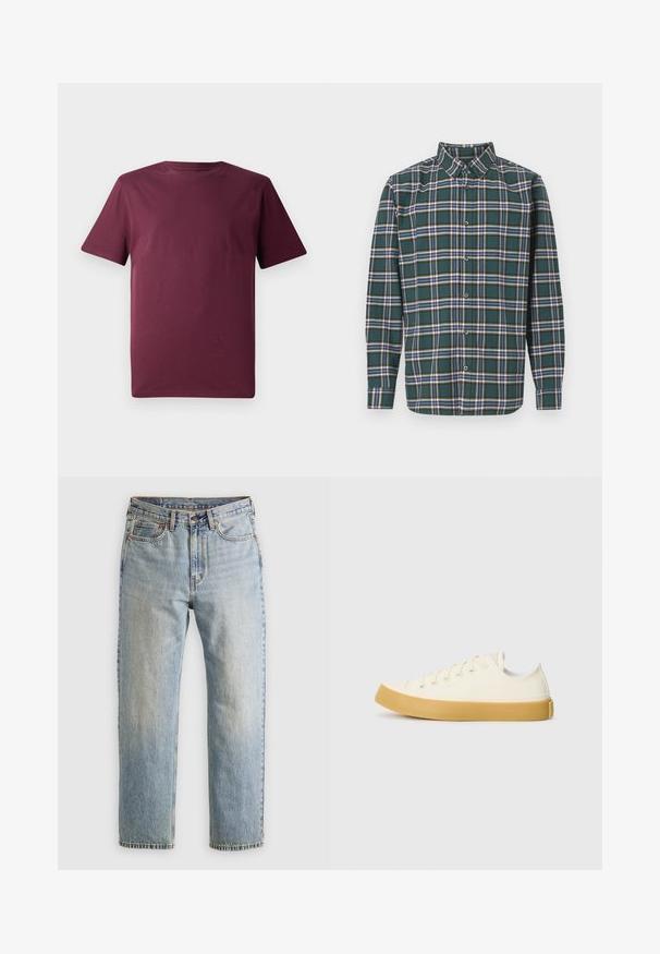 Bordeauxfarbenes kurzärmliges T-Shirt, gefertigt aus glattem Baumwollstoff, mit klassischem Rundhalsausschnitt und lockerem Schnitt ohne sichtbare Muster oder Akzente.; Grünes Flanellhemd mit einem Karo-Muster, das blaue, weiße und senfgelbe Linien aufweist. Mit Knopfleiste und spitzem Kragen. Lange Ärmel.; Helle blaue Jeans mit hoher Taille, Frontknopf, Reißverschluss und fünf Taschen-Design, flach auf einem neutralen Hintergrund ausgelegt.; Leinensneaker in Off-White mit runder Zehenpartie, ausgestattet mit beigen Gummisohlen und fünf Ösen für Schnürsenkel, mit strukturiertem Finish auf dem Obermaterial.
