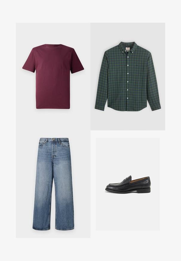 Mørkerød t-shirt med korte ærmer, lavet af glat bomuldsstof, har en klassisk rund halsudskæring og en afslappet pasform uden synlige mønstre eller detaljer.; Langærmet skjorte med knapper i grønne, blå og gule tern, hvide knapper og krave med knapper.; Vidde ben blå denim jeans med en falmet vask, fem-lomme design og knaplukning. Udstyret med bælteløkker og sømdetaljer.; Sorte læder loafers med en glat finish, rund tå og dekorativ syning på vampen. Lav stablet hæl og let glans.