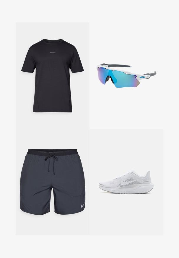 Must kollane spordipusa, mis on valmistatud kergest kangast, millel on ümar kaelus, lühikesed varrukad ja diskreetne logo rinna piirkonnas.; Nike jooksulühikesed tumedashallid, elastse vöökoha ja paelaga, ning hõbedane logoaktsent paremas allnurgas.; Valge sportlik king, millel on võrgust pealne osa, sujuva tekstuuriga kattekiht, hallid aktsendid, sidemed ja pehmendatud tald, mis on mõeldud sooritusvõime jaoks.; Valged raamidega päikeseprillid, hallide aktsentidega ja siniste peegelprillidega. Sportlik disain, ümber keha kujundus ja reguleeritavad ninasillad.