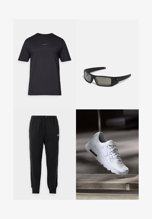 T-shirt atlético preto feito de tecido leve, com decote redondo, mangas curtas e um logótipo discreto no peito.; Calças de treino pretas feitas de tecido macio, com uma cintura elástica, cordão ajustável e um pequeno logótipo rosa da Nike no lado esquerdo.; Sapatilha Nike Air Max 90 branca com parte superior em malha e couro, caixa de dedos perfurada e uma unidade de ar visível no calcanhar.; Óculos de sol pretos com acabamento mate, lentes retangulares, leve curvatura nas hastes, detalhe sutil do logo e lentes de cor fumada.