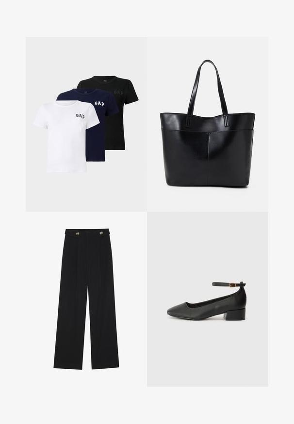 Sett med tre kortermede T-skjorter i hvit, marineblå og svart. Hver av dem har en liten "GAP"-logo på venstre bryst, laget av myk bomull.; Svart vide bukser med høy midje, knappdetaljer på midjebåndet og frontplisser.; Sorte skinnpumper med spiss tå og lav blokkhelt. Har ankelrem med gullfarget spenne. Glatt tekstur.; Svart lær toteveske med to lange håndtak, en glatt tekstur og en strukturert form. Har en frontlomme for ekstra oppbevaring.