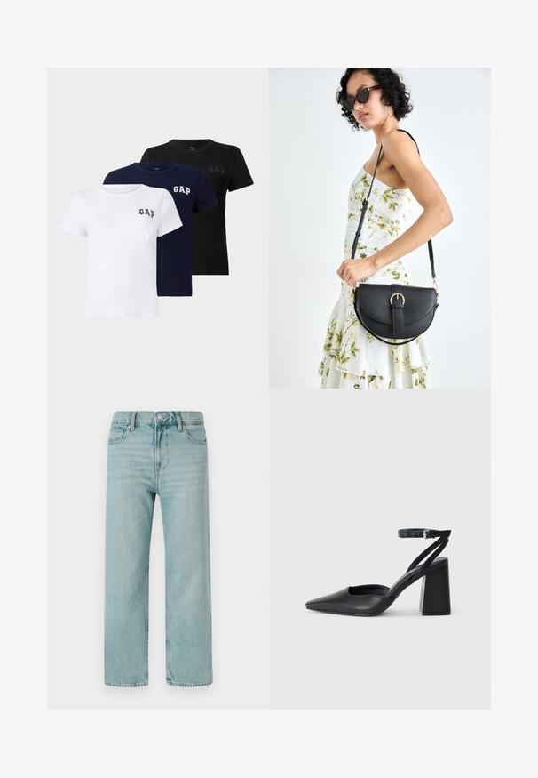 Sett med tre kortermede T-skjorter i hvit, marineblå og svart. Hver av dem har en liten "GAP"-logo på venstre bryst, laget av myk bomull.; Lys blå vidbukser laget av denim, med et klassisk fem-lomme design, rene linjer og en vanlig midje med knappefeste.; Svart lær pumps med spiss tå, ankelrem og kraftig hæl. Flat tekstur, strømlinjeformet design og minimalisme.; Svart lærveske med en buet form, avtagbar stropp og gullbeslag. Vesken har et klaff med spenne-detall.