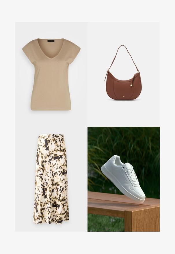 Beige V-kaula T-paita lyhyillä hihoilla, valmistettu pehmeästä materiaalista. Ominaisuuksina yksinkertainen muotoilu ilman kuvioita tai korostuksia.; Hame panjang lutut dari kain ringan dengan pola abstrak beige, cokelat, dan hijau. Memiliki pinggang yang pas dan desain yang mengalir.; Valkoiset tennarit, joissa on sileä synteettinen päällinen, rei'itetty varvasosa, litteät nauhat ja teksturoitu pohja, esillä puupinnalla.; Ruskea keinonahkainen olkalaukku, jossa on kaareva muoto, minimaalinen ompelu ja kultasävyinen varuste. Varustettu ylhäältä avautuvalla vetoketjullisella suljennalla ja säädettävällä hihnalla.