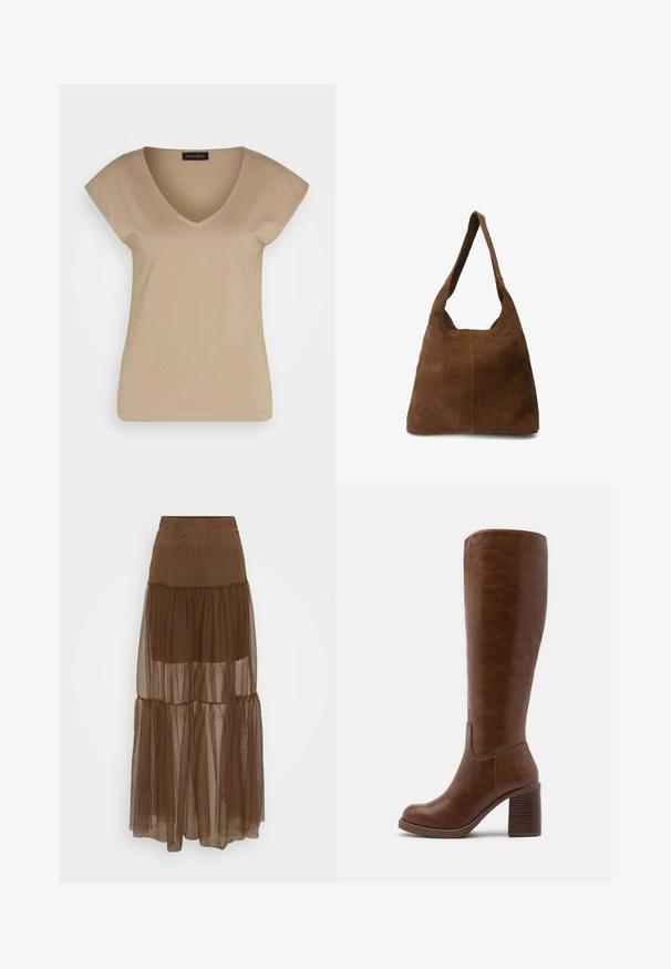 Beige V-hals T-shirt met korte mouwen, gemaakt van zacht materiaal. Heeft een eenvoudig ontwerp zonder patronen of accenten.; Bruine gelaagde rok met een gestructureerde mesh-overlay en elastische tailleband. Bevat drie lagen doorschijnende stof, wat zorgt voor een vloeiende silhouet.; Bruine kniehoge laarzen van glad faux leer, met een ronde neus, blokhak met verticale groeven en een minimalistisch ontwerp.; Bruin suedine schoudertas met een zachte textuur, brede schouderband en een open bovenkant. Heeft een eenvoudig, ongestructureerd ontwerp zonder zichtbare hardware.