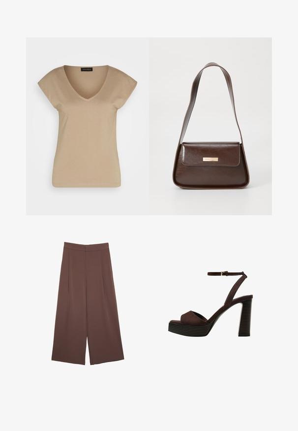 Beige V-ringad T-shirt med korta ärmar, tillverkad av mjukt material. Har en enkel design utan mönster eller detaljer.; Bruna vida byxor med en slät textur, som har hög midja och framfickor. Tyget är lätt och flödar löst.; Bruna mocka högklackade sandaler med öppen tå, justerbar vristrem och en randig plattformssula.; Brun läderaxelväska med en strukturerad form, som har en magnetisk klaffstängning och en metallisk logotypdetalj på framsidan.