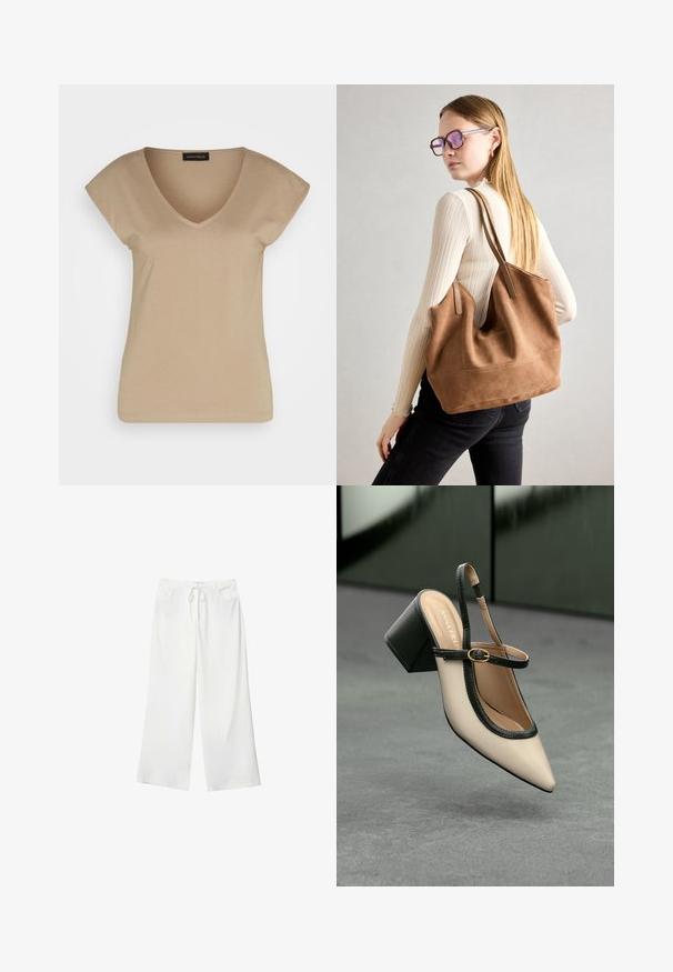 Béžové tričko s výstrihom do V a krátkymi rukávmi, vyrobené z mäkkého materiálu. Má jednoduchý dizajn bez vzorov alebo akcentov.; Biele široké nohavice vyrobené z mäkkej látky, s pásekom na sťahovanie a dvoma prednými vreckami. Hladká textúra a bez viditeľných vzorov.; Béžová lodička so špicatou špičkou, s čiernym lemom, zlatou prackou a robustným blokovým podpätkom na šedom podlahe s tmavozeleným pozadím.; Hnedá semišová taška na rameno s mäkkou textúrou, veľkým otvorom a dlhými popruhmi. Má jednoduchý dizajn s viditeľným šitím a bez kovových prvkov.