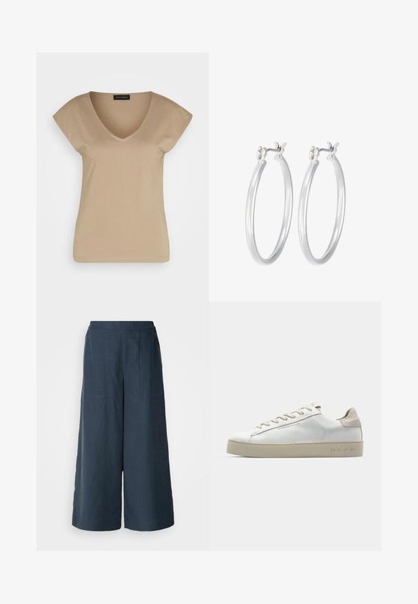 Beige V-hals T-shirt med korte ærmer, lavet af blødt materiale. Har et enkelt design uden mønstre eller accenter.; Bredde ben bukser i marineblå, lavet af letvægtsstof. Har en let struktureret overflade, elastisk talje og forseglede sømme foran.; Hvide lædersneakers med en glat overflade, beige ruskindsdetaljer, rund tå, flad snørebåndsdesign og en struktureret gummisål.; Sølv hoop øreringe med en glat, poleret overflade. Rund form og sikker klik-lukning. Letvægtsdesign, der er velegnet til hverdagsbrug.