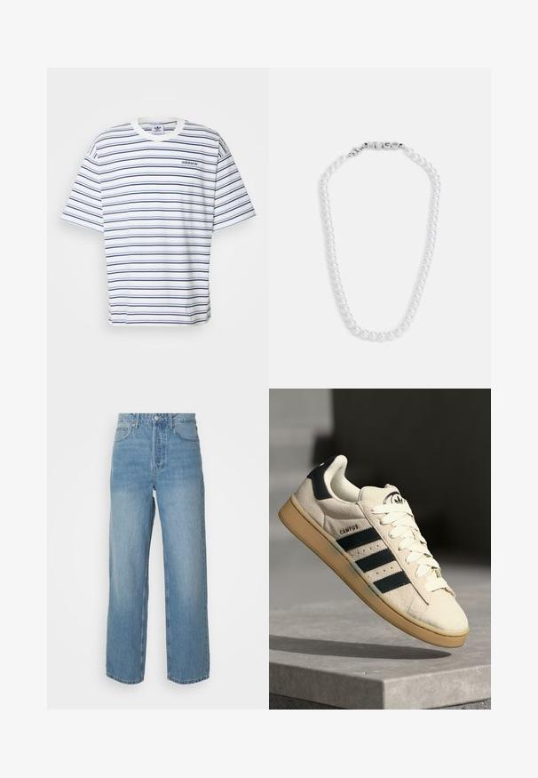 adidas Originals 80S LOOSE STRIPED - T-shirts med print - off white; Høytlivs lys blå denimjeans med rette ben, front lukking med knapp, og fem lommer på ensfarget bakgrunn.; Beige semsket sneakers med tre mørkeblå striper, hvite snørebånd og en lys gummisåle. Har en logo på tungen og teksten "CAMPUS".; Hvit perlekjede med en glatt tekstur, med en sølvklips preget med ordet "HUGO." Jevnt størrelse perler i et klassisk design.