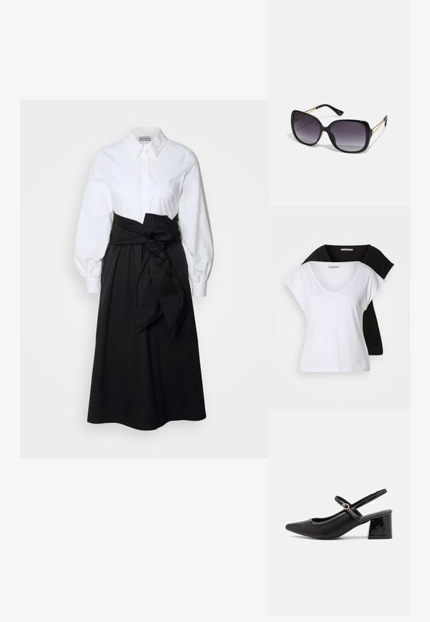 To passede v-halsede t-skjorter i hvit og svart, laget av bomull. Begge har korte ermer og en myk, glatt tekstur.; Hvit skjorte med lange puffermer, kombinert med en svart skjørt og tekstilbelte knyttet i midjen, laget av glatt bomullsmateriale.; Sorte lakk lær slingback hæler med spiss tå, et avrundet utskjæringsdesign og blokkheel. Har en gulltone spenne som detalj.; Sorte oversized solbriller med gradient linser, tykke rammer og detaljering med gulltonekjede på tempelarmene.; Svart håndveske med teksturert overflate, doble topphåndtak og justerbar skulderrem. Har detaljer i gulltone og sidelommer.