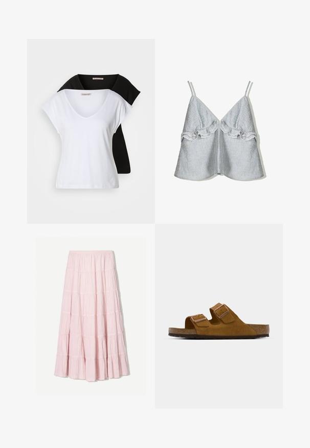 Două tricouri v-neck ajustate, unul alb și unul negru, din bumbac. Ambele au mâneci scurte și o textură moale, fină.; Top din țesătură în dungi albastre și albe, cu o margine ondulată pe partea din față și bretele subțiri, având un decolteu în V.; Fustă maxi roz deschis, cu volane, realizată dintr-un material texturat și ușor. Talie elastică și tiv fluid cu accente de volane.; Sandală slide din suede maron cu două curele reglabile, talpă din plută și talpă din cauciuc texturat. Design minimalist, fără decoruri suplimentare.