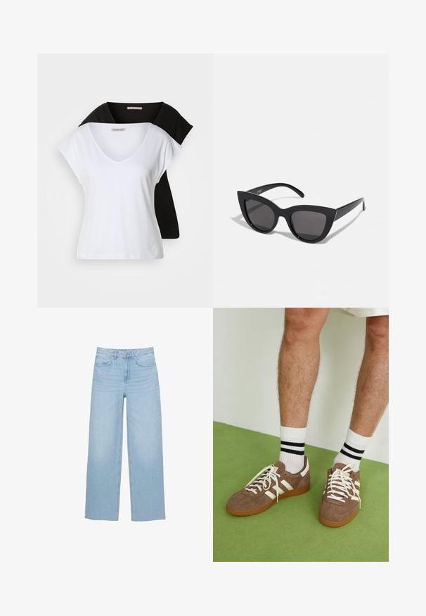 Dve prispôsobené tričká s výstrihom do V v bielej a čiernej farbe, vyrobené z bavlny. Obe majú krátke rukávy a jemnú, hladkú textúru.; Svetlomodré široké džínsy vyrobené z denimu, s vysokým pásom, rovný strih a dizajn s piatimi vreckami a čistým lemom.; Hnedé zamatové tenisky s bielymi akcentmi a šnúrkami. Gumová podrážka. Nosené s bielymi ponožkami so čiernymi pruhmi. Zelená textúrovaná podlaha.; Čierne slnečné okuliare v štýle mačacích očí s matným povrchom, so šedými tónovanými sklami, ostrými hranami a elegantnými bokovými ramenami. Názov značky je viditeľný na vnútornom ramene.; Zign LEATHER - Veľká kabelka - light brown