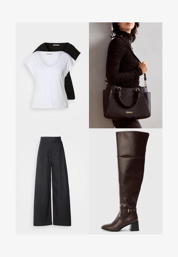Dwa dopasowane t-shirty z dekoltem w serek w kolorze białym i czarnym, wykonane z bawełny. Oba mają krótkie rękawy i miękką, gładką teksturę.; Czarne, szerokie spodnie z szerokim paskiem i zakładkami. Wykonane z lekkiego materiału, o gładkiej fakturze i bez widocznych wzorów.; Ciemnobrązowy skórzany boot z kolanami, z blokowym obcasem i dekoracyjnym paskiem z boku, przedstawiony na jednolitym jasnym tle.; Czarna torebka z teksturowanej powierzchni, podwójnymi uchwytami na górze i regulowanym paskiem na ramię. Posiada złote okucia i boczne kieszenie.
