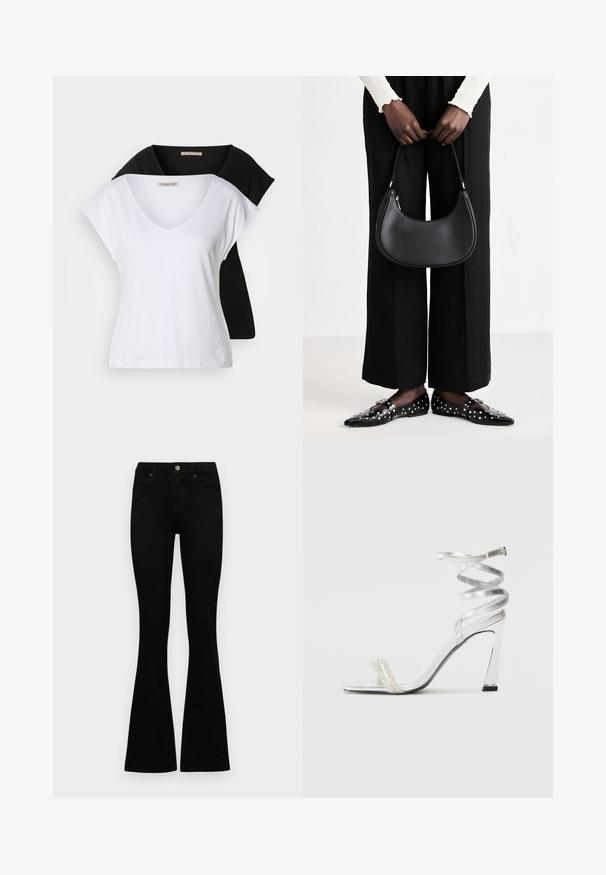 Twee getailleerde v-hals t-shirts in wit en zwart, gemaakt van katoen. Beide hebben korte mouwen en een zachte, gladde textuur.; Zwarte hoge taille jeans met een knoop- en ritssluiting, voorzakken en een flared pijp, plat gelegd op een witte achtergrond.; Zilveren sandaal met hoge hakken en een glanzend bandontwerp, met een parelachtige accent en een gewikkelde enkelband voor een veilige pasvorm.; Zwarte lederen schoudertas met een ronde vorm, glanzende afwerking en zilverkleurige hardware. Persoon in zwarte wijde broek en gestifte loafers.