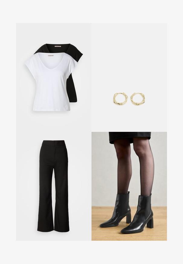 Dos camisetas ajustadas de cuello en forma de V, una blanca y otra negra, fabricadas en algodón. Ambas cuentan con mangas cortas y una textura suave y lisa.; Pantalones de pierna ancha negros con una textura suave, cintura alta y un diseño limpio. Sin bolsillos visibles ni adornos.; Botines de cuero negro hasta el tobillo con punta afilada, tacón cuadrado grueso y diseño elegante. Presentan paneles laterales elásticos para facilitar el uso.; Pendientes de aro de oro con forma irregular y texturizada. Presentan un cierre sin costuras y un acabado pulido, destacando un diseño moderno.