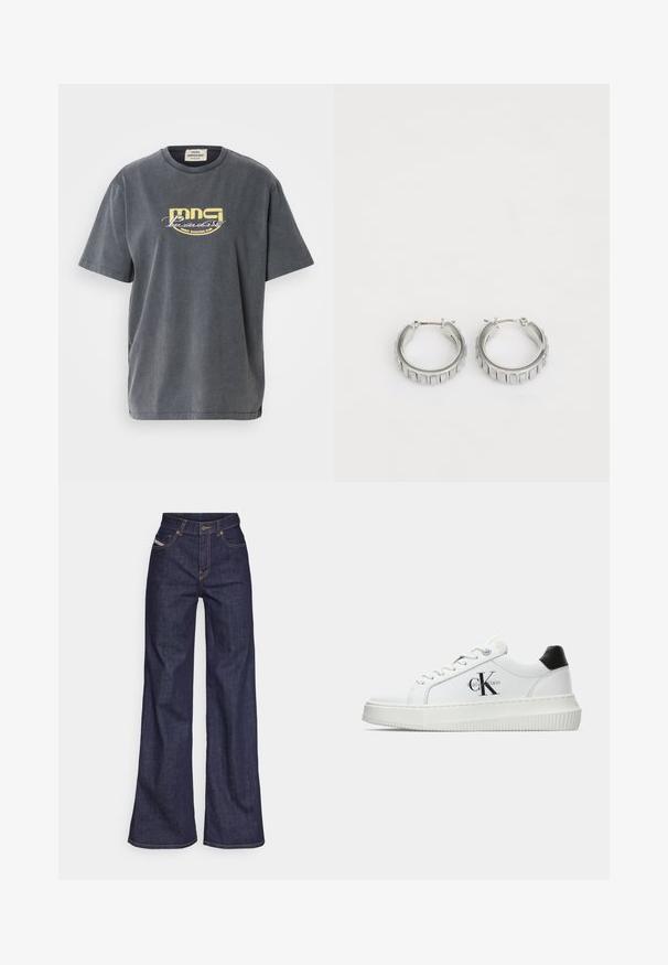 Siva bombažna majica s kratkimi rokavi. Ima rumen grafični odtis s napisom "MNG Paradise Disco Dancing Club" na sprednji strani.; Temno modri široki kavbojke iz denima z visokim pasom, ki imajo oranžne šive, pet žepov in gumba za zapiranje.; Bele nizke superge z črnim hrbtnim delom, platformo, vezalkami in Calvin Klein "CK" logotipom na strani.; Srebrni obroči s teksturiranim dizajnom, ki vsebuje navpične rebraste vzorce. Krožna oblika z varnim zapiranjem na zaponko. Gladek zaključek.