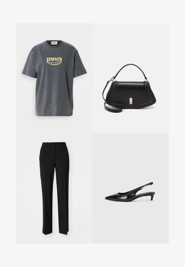 Gray cotton t-shirt with short sleeves. Features a yellow graphic print that reads "MNG Paradise Disco Dancing Club" on the front.; Black tailored trousers with a straight-leg design, featuring a smooth texture and crisp creases along the front. No visible hardware.; Black leather slingback heels with a pointed toe, featuring a slim heel and a gold-tone accent on the adjustable strap. Smooth texture.; Black leather handbag with a structured design, featuring a cropped shape, top handle, and gold hardware accent. Adjustable shoulder strap included.