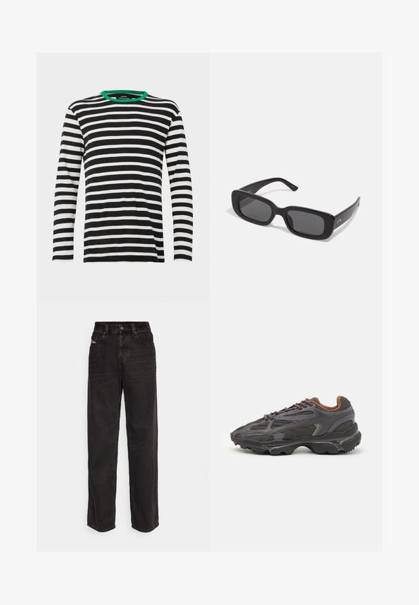 Dlouhý rukáv tričko v černobílých pruzích se zeleným límcem. Má měkkou tkaninu a uvolněný střih. Jednoduchý, klasický design.; Černé džínové kalhoty širokého střihu s vysokým pasem, předním zapínáním na knoflík, dvěma bočními kapsami a nenápadnými švy.; Sněrovací boty Lacoste v tmavě šedé barvě s síťovinou a syntetickým materiálem, prezentující texturovanou podrážku a hnědé detaily na límci a logu.; Černé obdélníkové sluneční brýle s tmavými čočkami, hladkými plastovými rámy a širokými stranami. Jemné logo na boku.