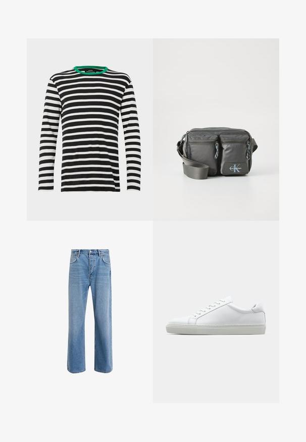 Garšām piedurknēm krekls melnbaltajās svītrās ar zaļu apkakli. Izgatavots no mīksta auduma un ar brīvu piegriezumu. Vienkāršs, klasiskā dizaina.; Gai zilas džinsu bikses ar taisnām kājām, piecām kabatām, pogu aizvēršanu, minimālu izbalēšanu un kontrastējošiem šuvju elementiem.; Baltie sporta apavi ar gludu ādas virsu un zemu profilu. Iezīmējas ar noapaļotu purngalu, sešām acīm un teksturētu gumijas zoli.; Pelēka neilona plecu soma ar divām rāvējslēdzēja priekšējām kabatām, regulējamu siksnu un logo akcentu. Gluda tekstūra ar mūsdienīgu dizainu.