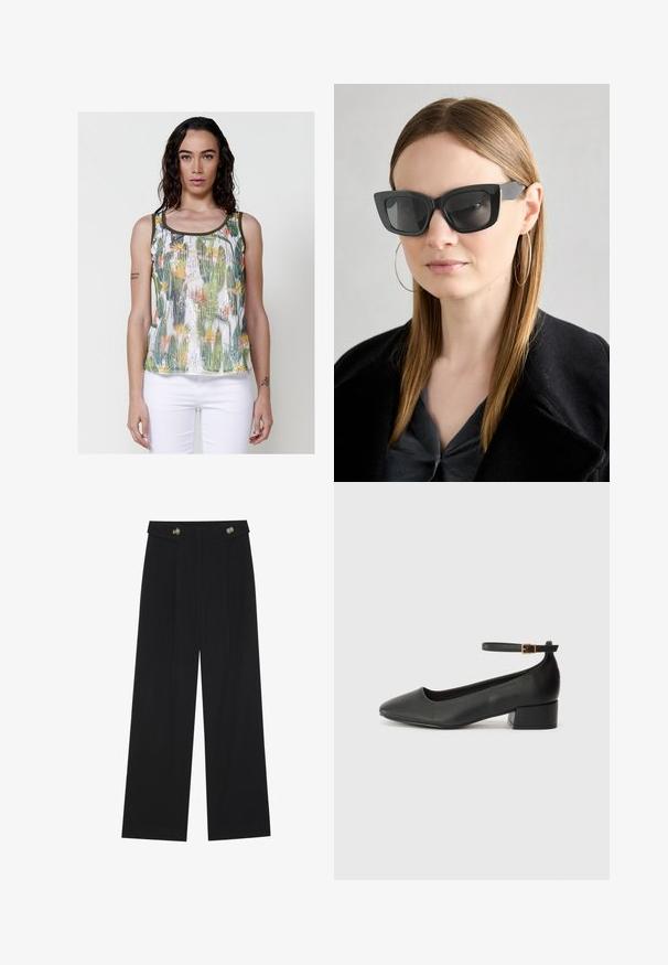 Virágmintás, ujjatlan felső, díszített flitterekkel, zöld és narancssárga akcentussal fehér alapon. Kerek nyakú és karcsú fazonú.; Fekete, bő szárú nadrág magas derékkal, gombos részletekkel a derékrészen és elülső pliszékkal.; Fekete bőr magassarkú cipő hegyes orral és alacsony tömb sarkal. Bokapánttal rendelkezik, aranyszínű csattal. Simább textúra.; Fekete macskaszem napszemüveg sötét lencsékkel, vastag kerettel és diszkrét díszítésekkel. Fekete kabátot és szürke felsőt visel, hosszú egyenes hajjal.