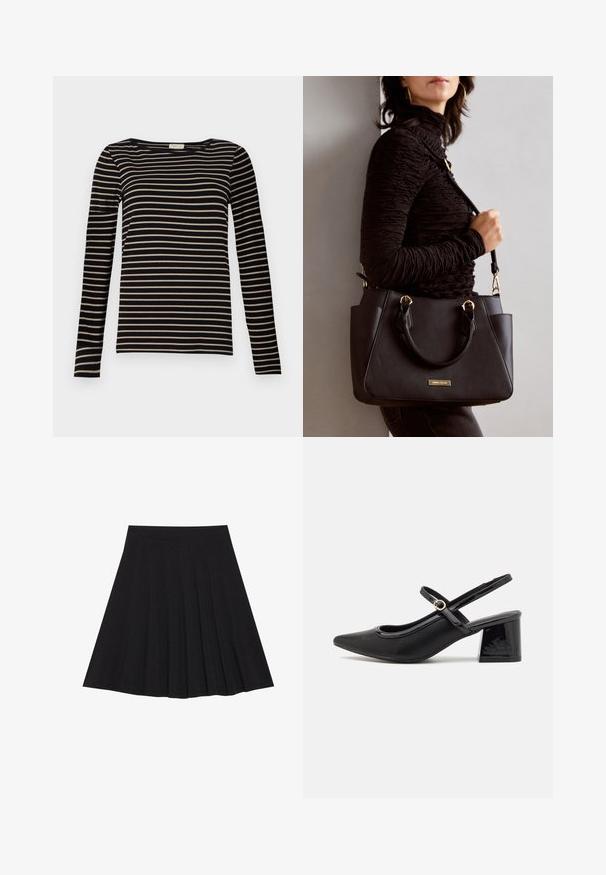 Hosszú ujjú csíkos póló, fekete és bézs vízszintes csíkokkal, kerek nyakkal és testhez álló fazonnal, puha anyagból.; Fekete, pliszírozott szoknya texturált anyagból, szűk derékpánttal. Térd alá ér, sima, letisztult vonalvezetéssel.; Fekete lakk bőr, pántos magassarkú cipő, hegyes orral, lekerekített kivágással és tömbsarkal. Arany színű csat díszíti.; Fekete kézitáska texturált felülettel, dupla felső fogantyúval és állítható vállpánttal. Arany színű fém kiegészítők és oldalsó zsebek találhatók rajta.