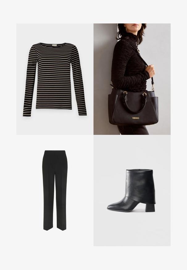 Langemouwen gestreepte t-shirt, met zwarte en beige horizontale strepen, een ronde hals en een getailleerd ontwerp in een zachte stof.; Zwarte broek met een recht pootontwerp, met een eenvoudige tailleband en zonder zichtbare zakken, weergegeven tegen een witte achtergrond.; Zwarte leren enkellaars met een spitse neus, een zachte textuur en een gestructureerde blokhak. Kenmerkt zich door een hoge, gevouwen kraag.; Zwarte handtas met gestructureerd oppervlak, dubbele bovenhandvatten en verstelbare schouderriem. Voorzien van goudkleurige hardware en zijzakken.