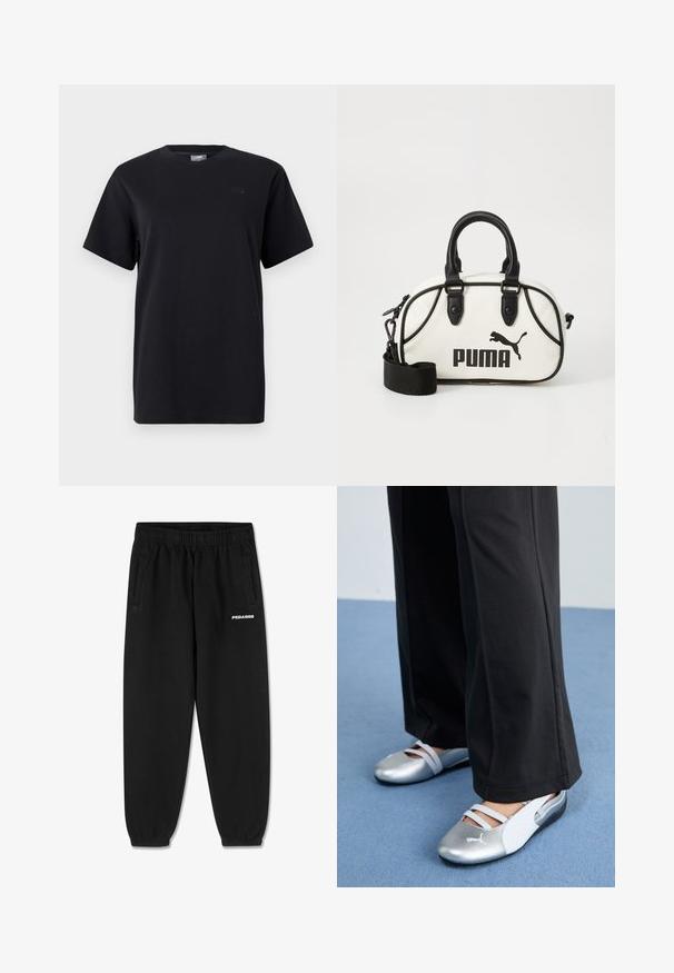 Svart bomull t-skjorte med rund hals, korte ermer, og en subtil logo detalj på venstre bryst. Glatt tekstur og avslappet passform.; Sorte joggebukser laget av mykt stoff, med snor i livet, tapered ben og sidelommer. "PEGADOR"-logo i hvitt på fronten.; Sølv- og hvite flate sko med kryssremmer og teksturert detaljer, komplementert av løse svarte bukser. Plassert på et blått gulv.; Hvit håndveske med svarte detaljer, med Puma-logo. Korte, avrundede håndtak og en avtagbar stropp, laget av teksturert syntetisk materiale.
