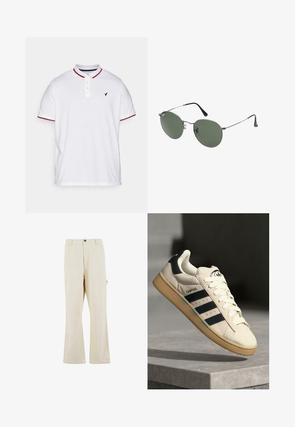 Biała koszulka polo z kołnierzykiem, zapięciem na trzy guziki, czerwonymi i granatowymi paskami na rękawach oraz małym czarnym logo na klatce piersiowej.; Beżowe, szerokie spodnie wykonane z mieszanki bawełny z zapięciem na guzik. Posiadają kieszenie boczne oraz subtelną teksturę. Widoczne detale szwów.; Beżowe zamszowe sneakersy z trzema ciemnoniebieskimi paskami, białymi sznurówkami i brązową kauczukową podeszwą. Zawierają logo na języku oraz tekst "CAMPUS".; Okulary przeciwsłoneczne z metalową ramą i owalnymi zielonymi soczewkami. Cienka srebrna metalowa rama i czarne końcówki zauszników. Minimalistyczny design, bez widocznych logo.