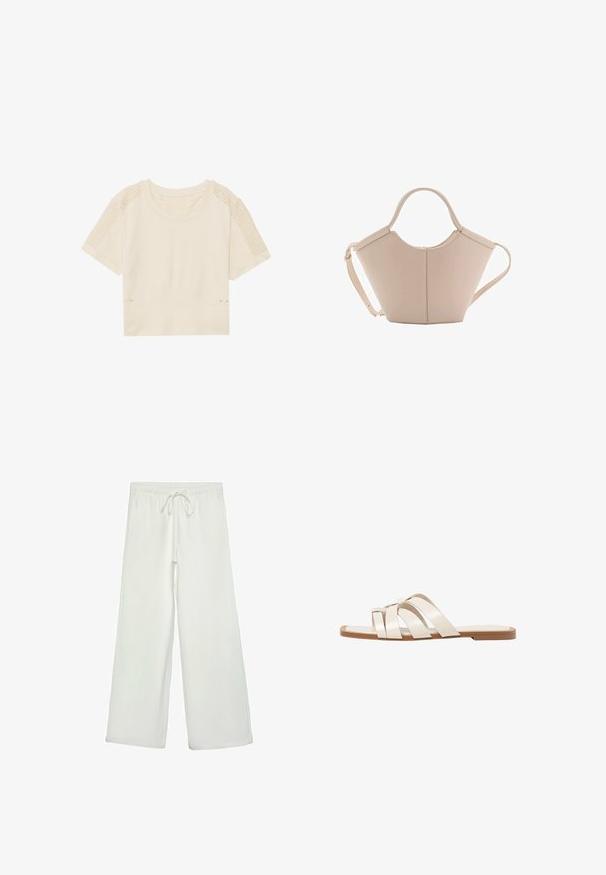 Helles beige, kurz geschnittenes T-Shirt mit kurzen Ärmeln. Verfügt über strukturierte Mesh-Einsätze an den Schultern und einen gerippten Bund mit zwei kleinen goldenen Akzenten.; Weiße, weit geschnittene Hose aus weichem Stoff. Mit einem elastischen Bund und einem Kordelzug sowie einer glatten Oberfläche. Keine sichtbaren Muster oder Hardware.; Flache Sandalen mit einer honigfarbenen Gummisohle, gestaltet mit drei überlappenden weißen Lederriemen und einem kleinen Schleifendetail in der Mitte.; Beige Lederhandtasche mit einer einzigartigen Form, die zwei kurze Henkel und einen langen verstellbaren Riemen aufweist. Glatte Textur mit minimalen Hardware-Elementen.