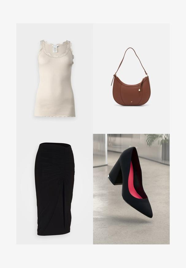 Top bej cu nervuri, fără mâneci, cu dantelă pe de-a lungul decolteului și umerilor, având o textură fină și un design ajustat.; Fustă creion neagră, plisată, cu detalii cu fundă și o fanta laterală. Fabricată dintr-un material elastic, cu o textură netedă și un design care se mulează pe corp.; Pantof negru cu toc înalt, vârf ascuțit și partea superioară texturată. Interiorul are o captuseală roz aprins. Toc pătrat cu accente metalice la bază.; Geantă de umăr din piele ecologică maro, cu o formă curbată, cusături minime și un accent din metal auriu. Are un închidere cu fermoar în partea de sus și o curea ajustabilă.