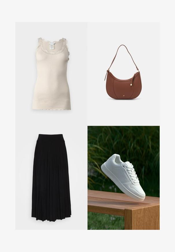 Top de tirantes beige con canalé y encaje en el escote y los hombros, que presenta una textura suave y un diseño ajustado.; Falda negra con plisados y una cinturilla alta y elástica. Fabricada en una tela suave, presenta plisados verticales que crean una silueta fluida.; Zapatilla blanca con un upper sintético suave, caja de dedos perforada, cordones planos y una suela texturizada, exhibida sobre una superficie de madera.; Bolso de hombro de imitación cuero marrón con forma curva, costura mínima y un acento de hardware en tono dorado. Presenta un cierre de cremallera en la parte superior y una correa ajustable.