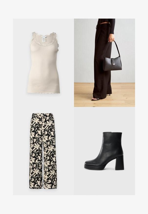 Top de tanque bege com nervuras, com acabamento em renda ao longo do decote e ombros, apresentando uma textura suave e um design justo.; Calças largas pretas com um padrão floral creme. Feitas de um tecido leve, apresentando uma textura suave e uma cintura alta.; Bota de couro preta até ao tornozelo com salto bloco e sola com plataforma, vista de lado sobre um fundo branco liso.; Bolsa preta com forma estruturada, textura suave e um fecho metálico. Combinada com calças largas pretas e sandálias de salto aberto sobre um chão de madeira.