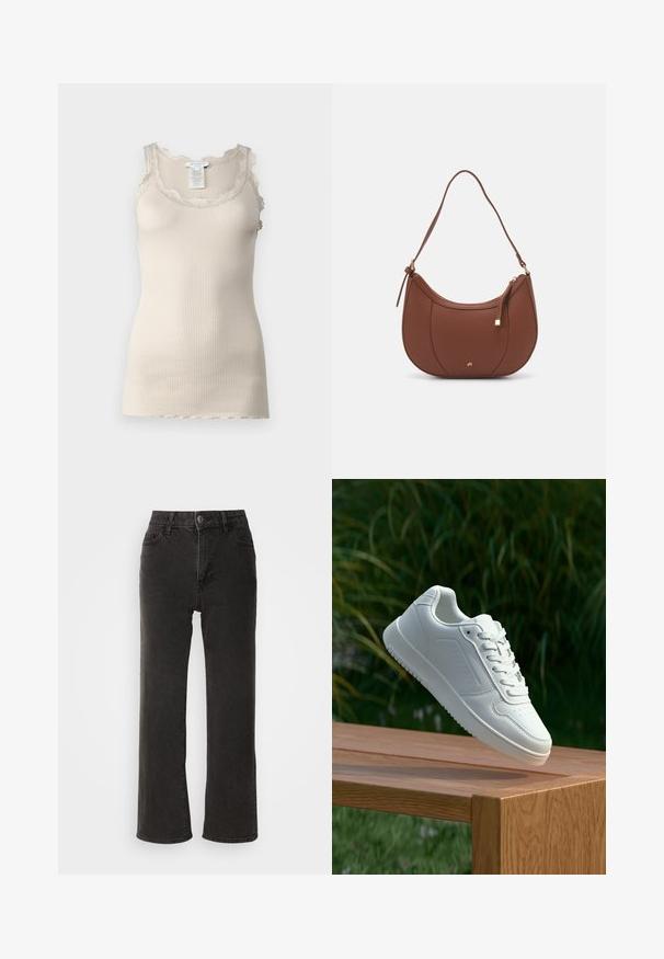 Ribbed beige tank top with lace trim along the neckline and shoulders, featuring a smooth texture and a fitted design.; Black wide-leg jeans made of denim, featuring a front button closure, belt loops, and five pockets with a slightly faded texture.; White sneaker with a smooth synthetic upper, perforated toe box, flat laces, and a textured sole, displayed on a wooden surface.; Brown faux leather shoulder bag with curved shape, minimal stitching, and a gold-tone hardware accent. Features a top zipper closure and adjustable strap.