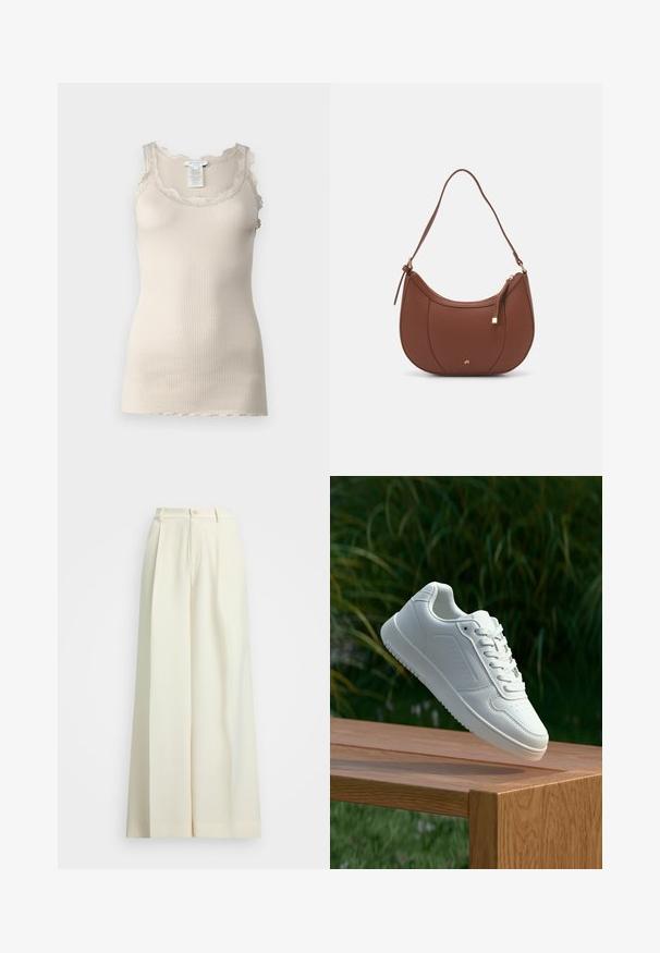 Ribbed beige tank top with lace trim along the neckline and shoulders, featuring a smooth texture and a fitted design.; Wide-leg trousers in off-white fabric, featuring a high waist, double pleats, and a button closure. Smooth texture and tailored design.; White sneaker with a smooth synthetic upper, perforated toe box, flat laces, and a textured sole, displayed on a wooden surface.; Brown faux leather shoulder bag with curved shape, minimal stitching, and a gold-tone hardware accent. Features a top zipper closure and adjustable strap.